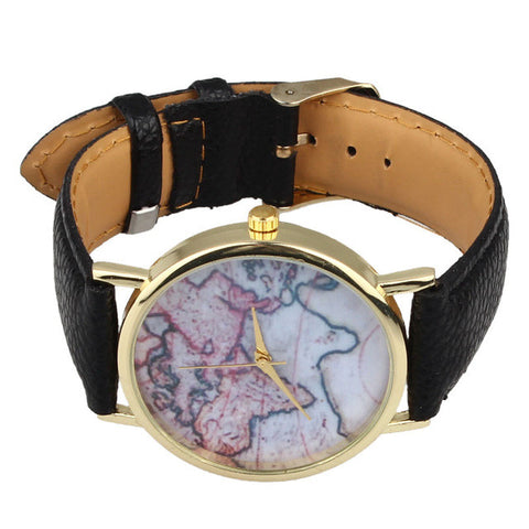 GENVIVIA VintageWorld Map Watch leather & Alloly Women Wristwatch Analog Quartz