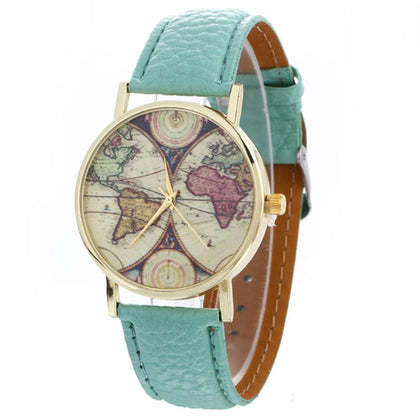 Watches WomeLeather Strap Quartz-watch 2018 World Map Pattern Quartz-watch Clock Wristwatches