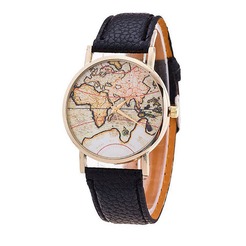 2018 Women's World Map Leather Strap Analog Quartz Wrist Watch