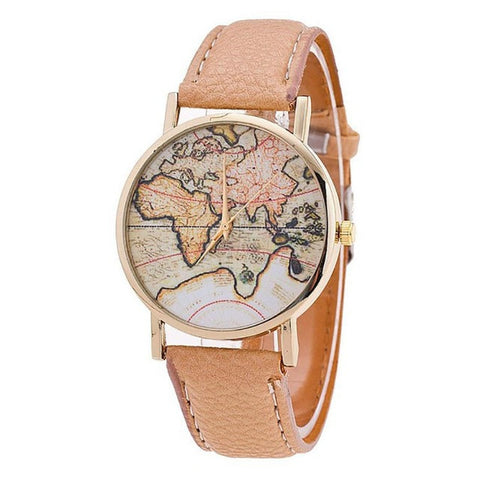 2018 Women's World Map Leather Strap Analog Quartz Wrist Watch