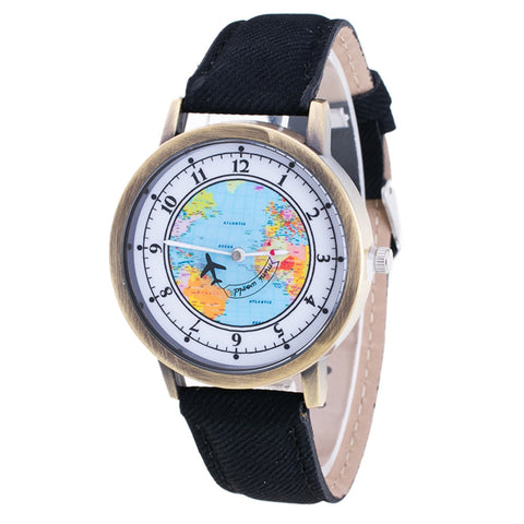 Fashion Women's World Map Cowboy Band Analog Quartz Wrist Watch
