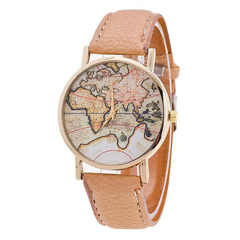 Fashion Women's World Map Leather Strap Analog Quartz Wrist Watch