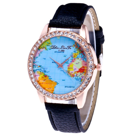 Women World Map Quartz Leather Analog Wrist  Watch Round Case Watch