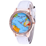 Women World Map Quartz Leather Analog Wrist  Watch Round Case Watch