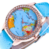 Women World Map Quartz Leather Analog Wrist  Watch Round Case Watch