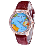 Women World Map Quartz Leather Analog Wrist  Watch Round Case Watch