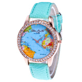 Women World Map Quartz Leather Analog Wrist  Watch Round Case Watch