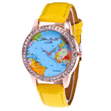 Women World Map Quartz Leather Analog Wrist  Watch Round Case Watch
