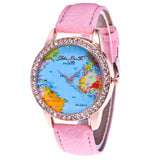 Women World Map Quartz Leather Analog Wrist  Watch Round Case Watch