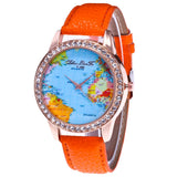 Women World Map Quartz Leather Analog Wrist  Watch Round Case Watch