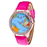 Women World Map Quartz Leather Analog Wrist  Watch Round Case Watch