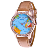 Women World Map Quartz Leather Analog Wrist  Watch Round Case Watch