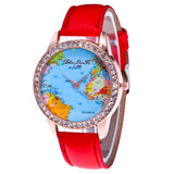 Women World Map Quartz Leather Analog Wrist  Watch Round Case Watch