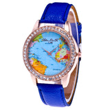 Women World Map Quartz Leather Analog Wrist  Watch Round Case Watch