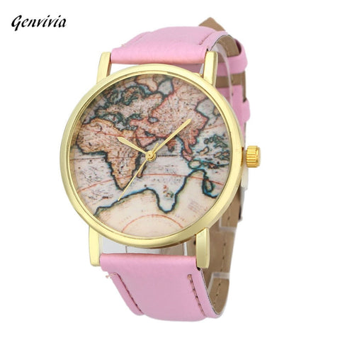 GENVIVIA VintageWorld Map Watch leather & Alloly Women Wristwatch Analog Quartz